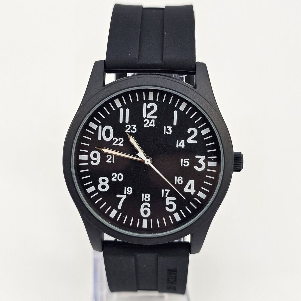 Men's Military Field Watch 42MM Black Case Black‎ Dial Black Plastic Band Straps
